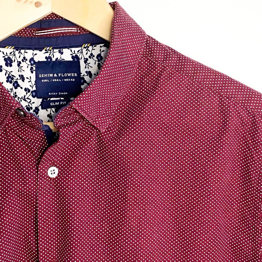 Denim & Flower x Ricky Singh | Maroon Polka Dot Short Sleeve Button-down Floral